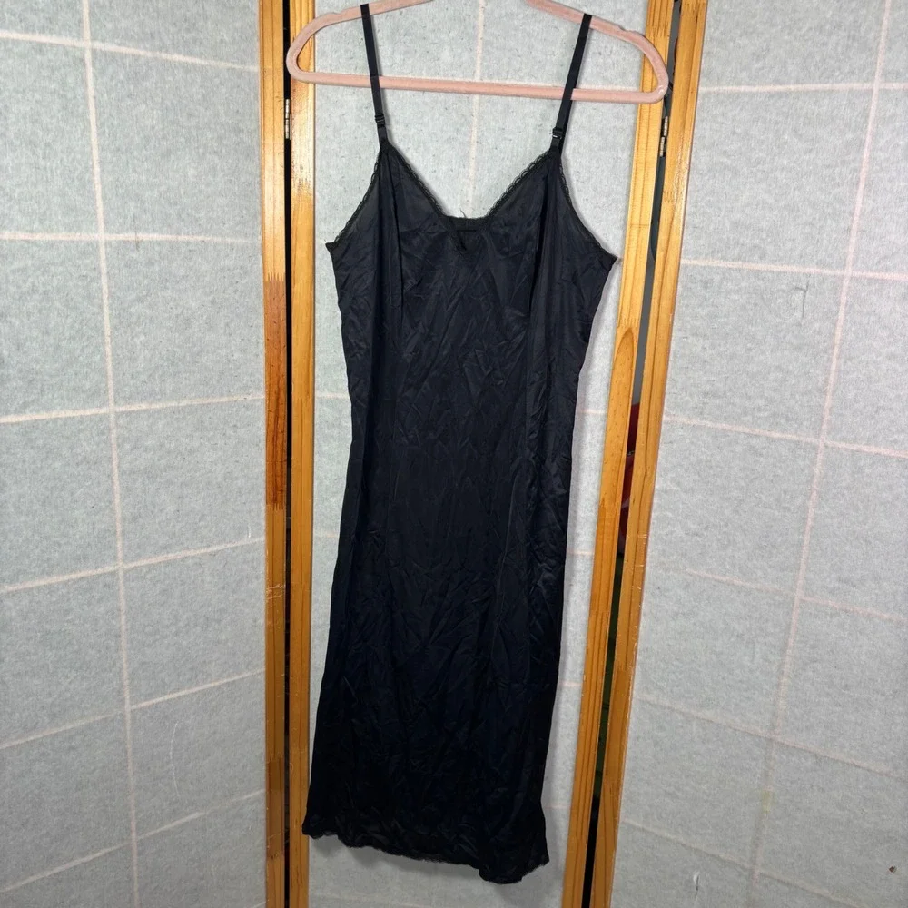 Kayser Full Slip 38 Black Vintage Nylon Tricot Lace Trim Adjustable Straps USA‎